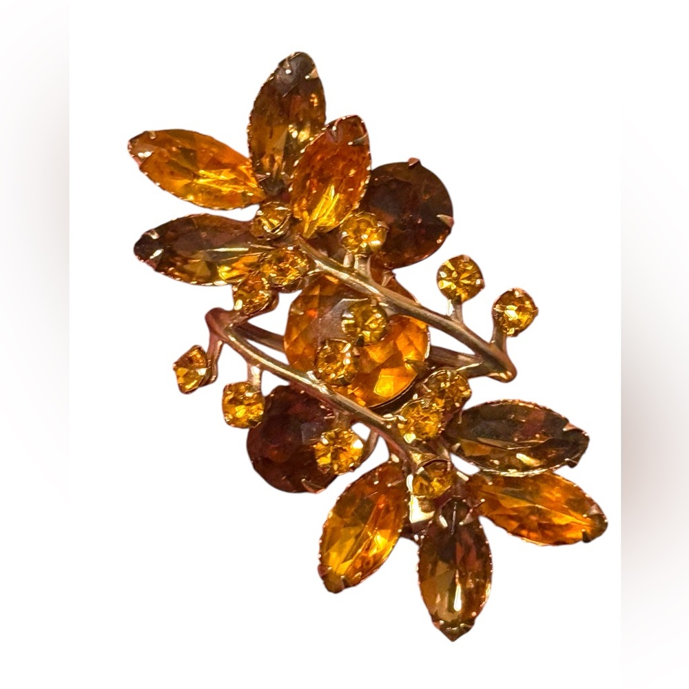 Vintage CZECH Glass amber gold crystals Gold Leaf floral
 Brooch